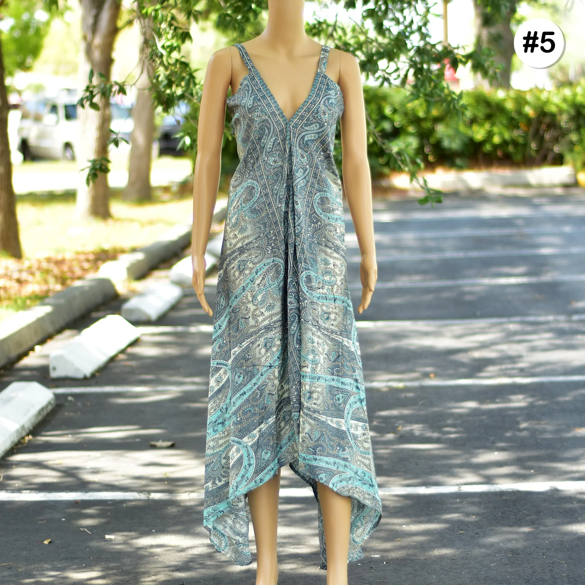 Boho Silk Indian Ethnic Paisley Floral Print Spaghetti Strap Beach Party Long Summer Dress Sujata