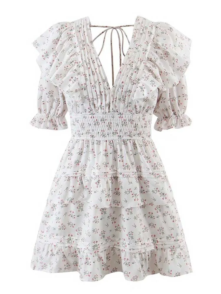 Boho V-neck Pleated Mini Dress