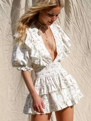 Boho V-neck Pleated Mini Dress