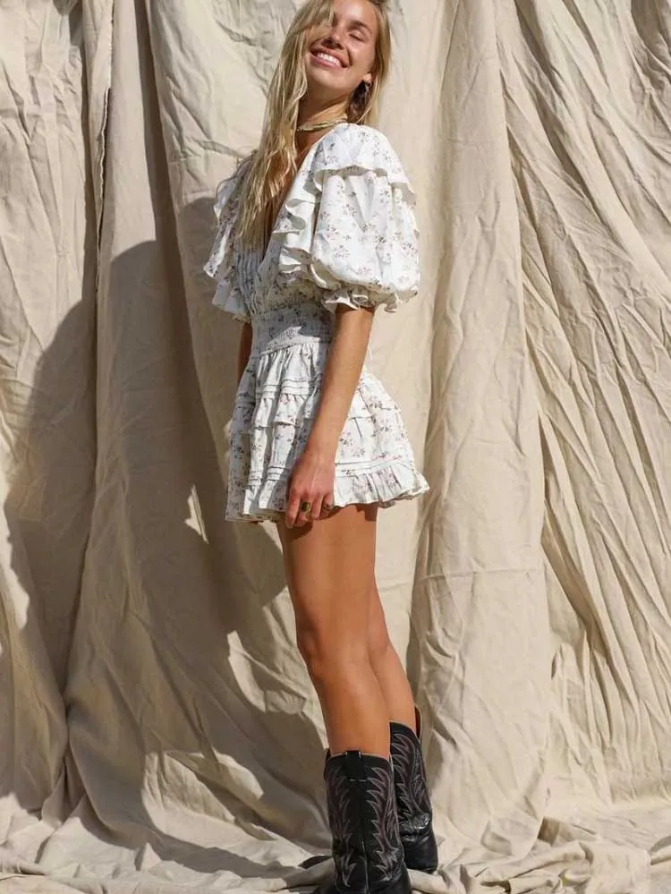 Boho V-neck Pleated Mini Dress