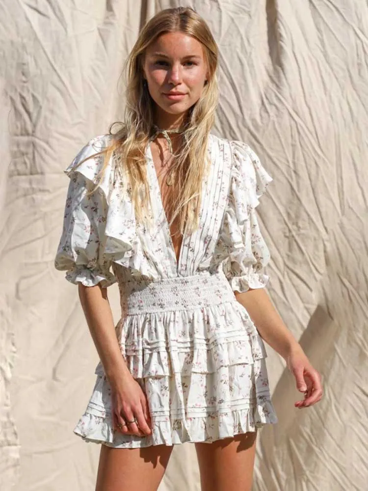 Boho V-neck Pleated Mini Dress