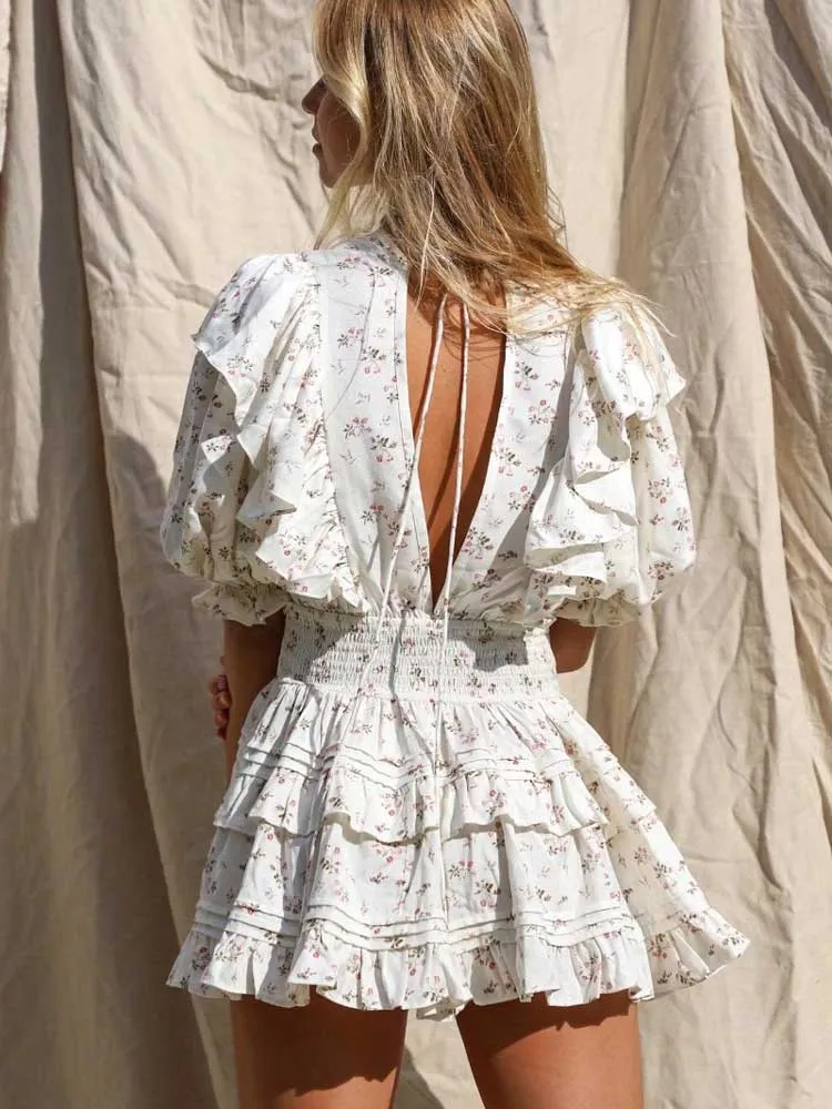 Boho V-neck Pleated Mini Dress