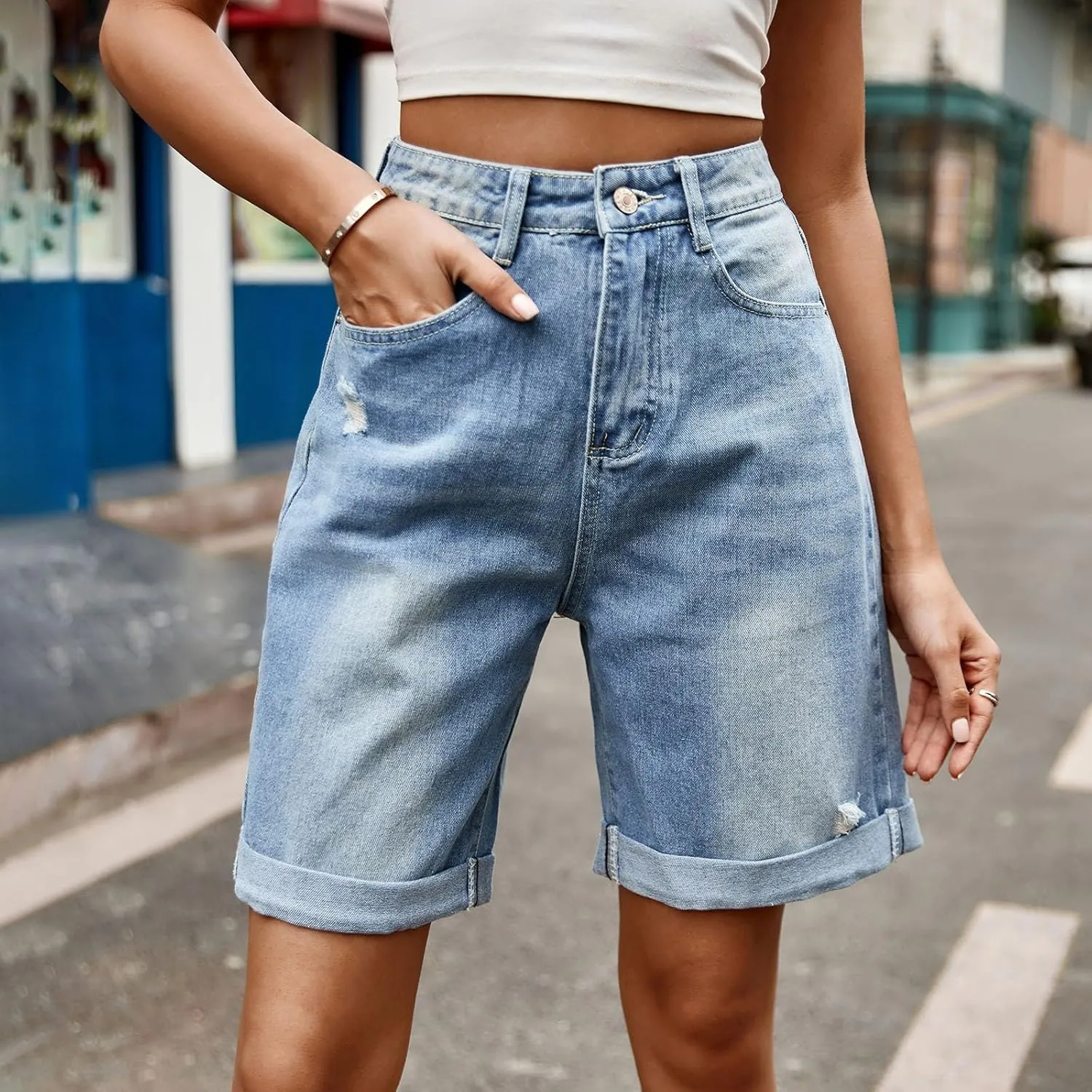 Borniu Women Stretchy Jean Shorts High Waisted Denim Short for Women Chino Y2K Shorts Women's Summer Jorts Jeans