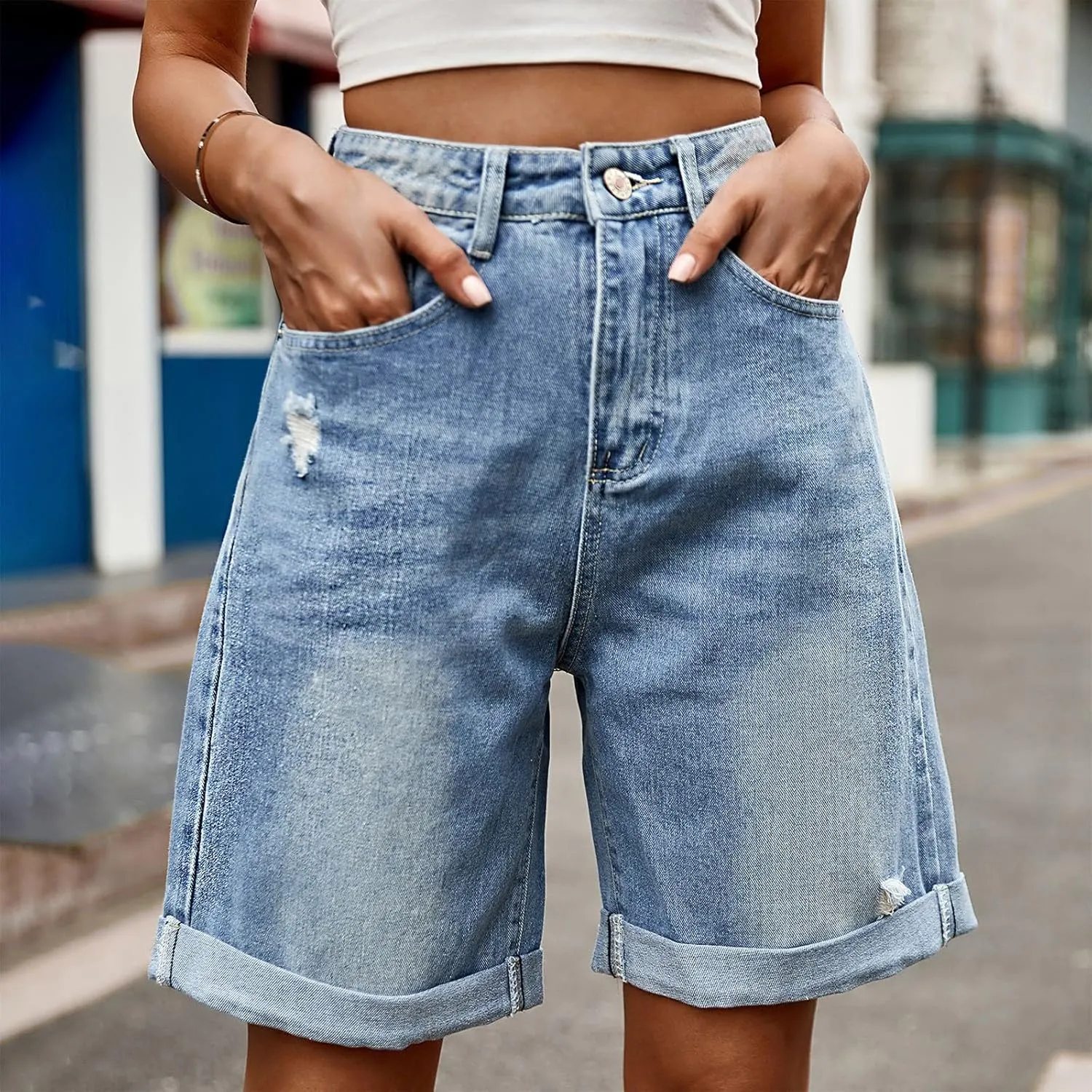 Borniu Women Stretchy Jean Shorts High Waisted Denim Short for Women Chino Y2K Shorts Women's Summer Jorts Jeans