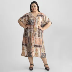Brown Tile Print Plus Size Satin Kaftan