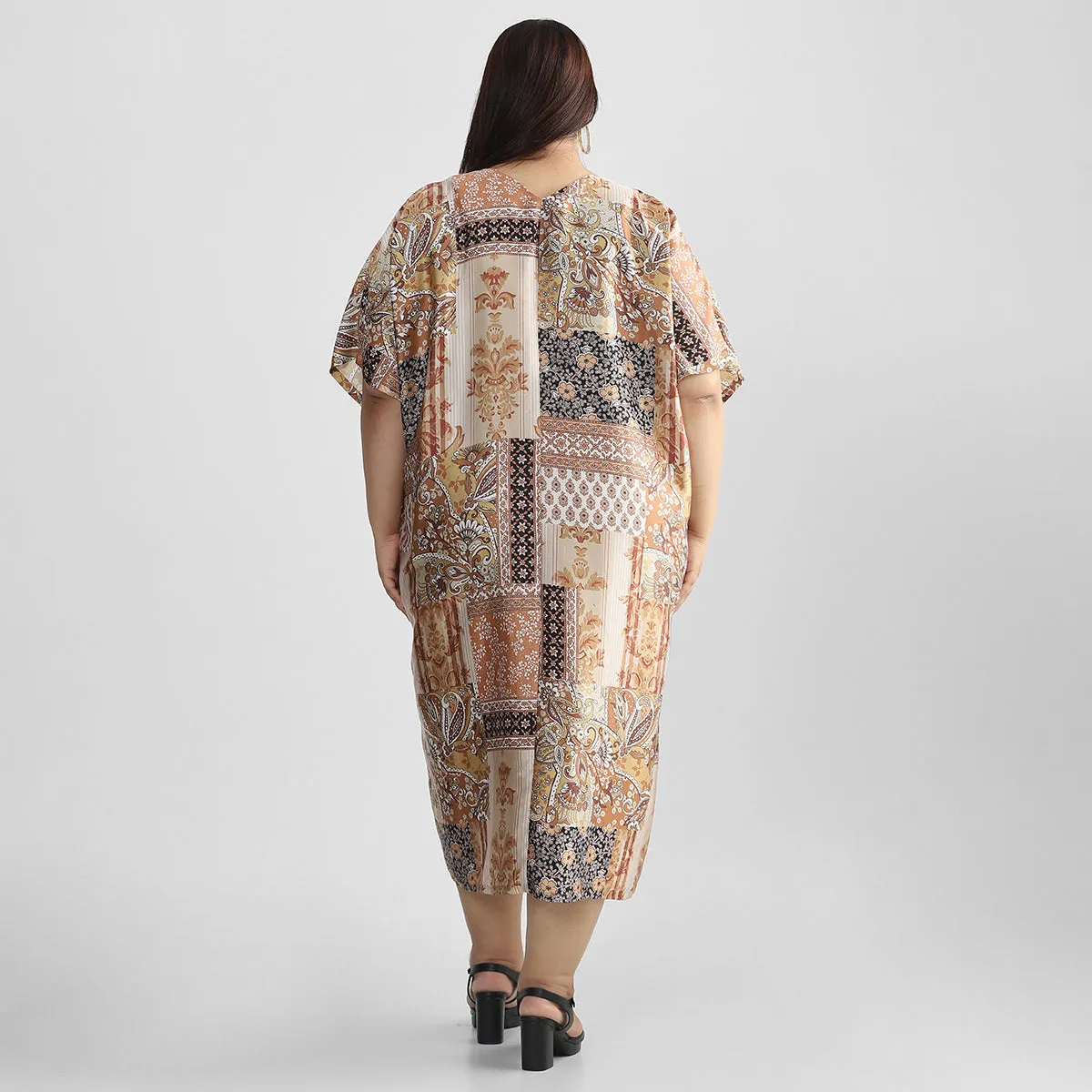 Brown Tile Print Plus Size Satin Kaftan