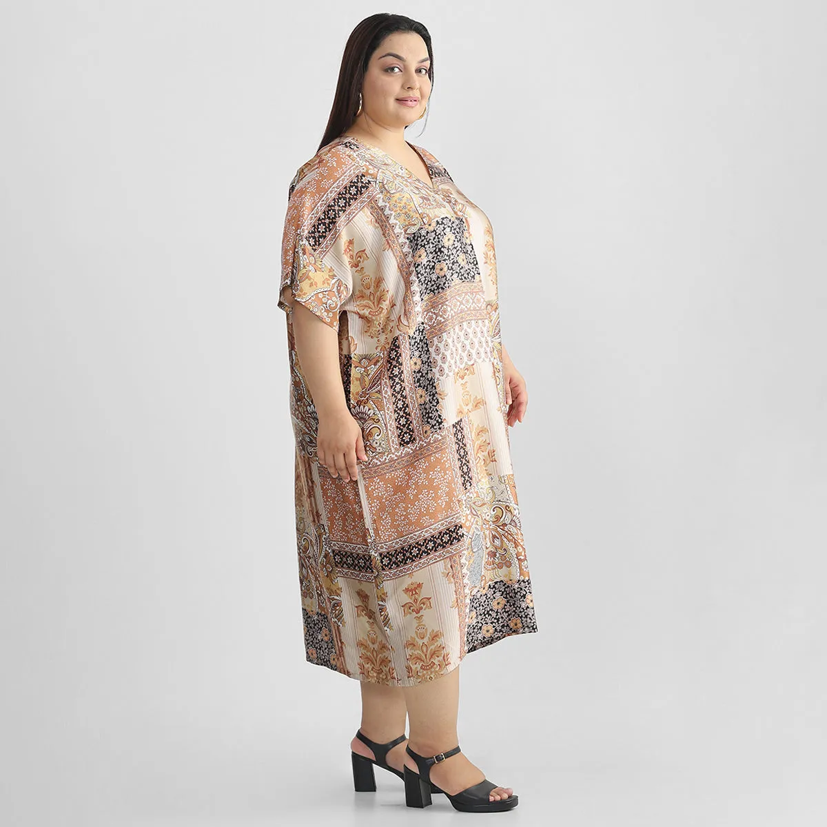 Brown Tile Print Plus Size Satin Kaftan