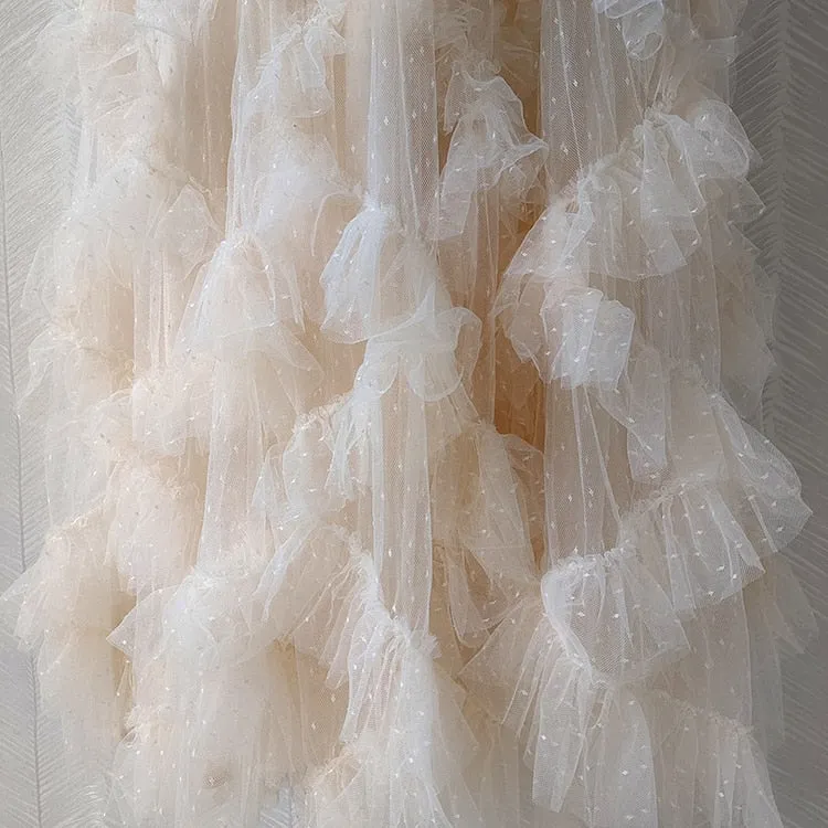 Butterfly Sleeve  Mesh Floral Printed 3D Appliques Ruffles Long Dress