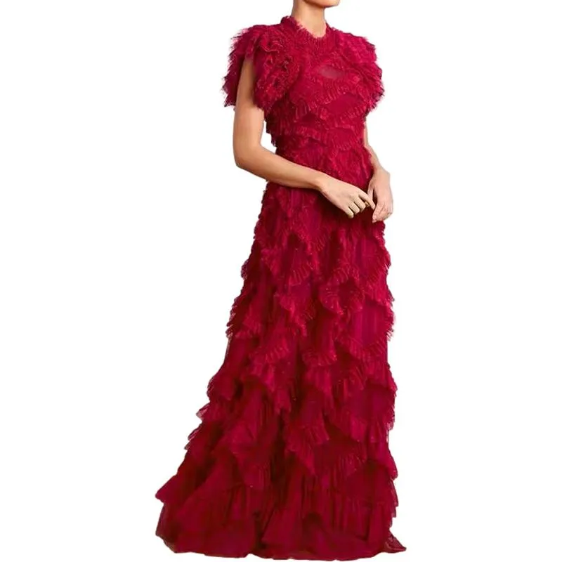Butterfly Sleeve  Mesh Floral Printed 3D Appliques Ruffles Long Dress