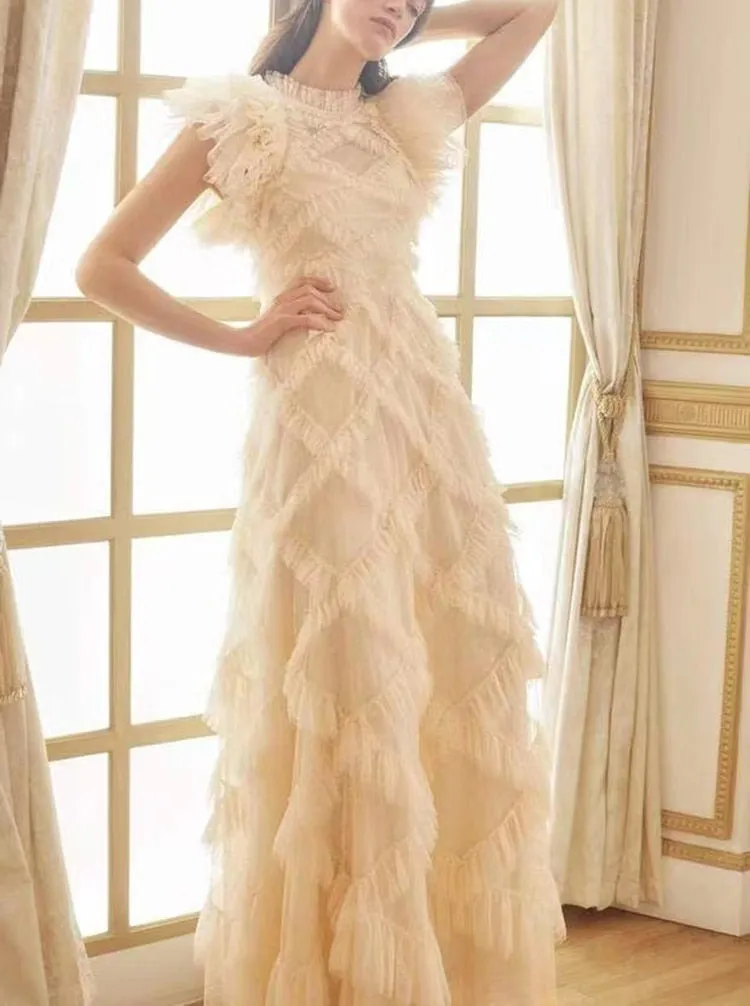 Butterfly Sleeve  Mesh Floral Printed 3D Appliques Ruffles Long Dress