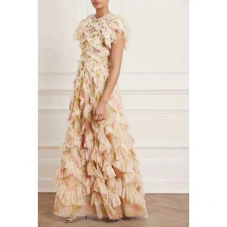 Butterfly Sleeve  Mesh Floral Printed 3D Appliques Ruffles Long Dress