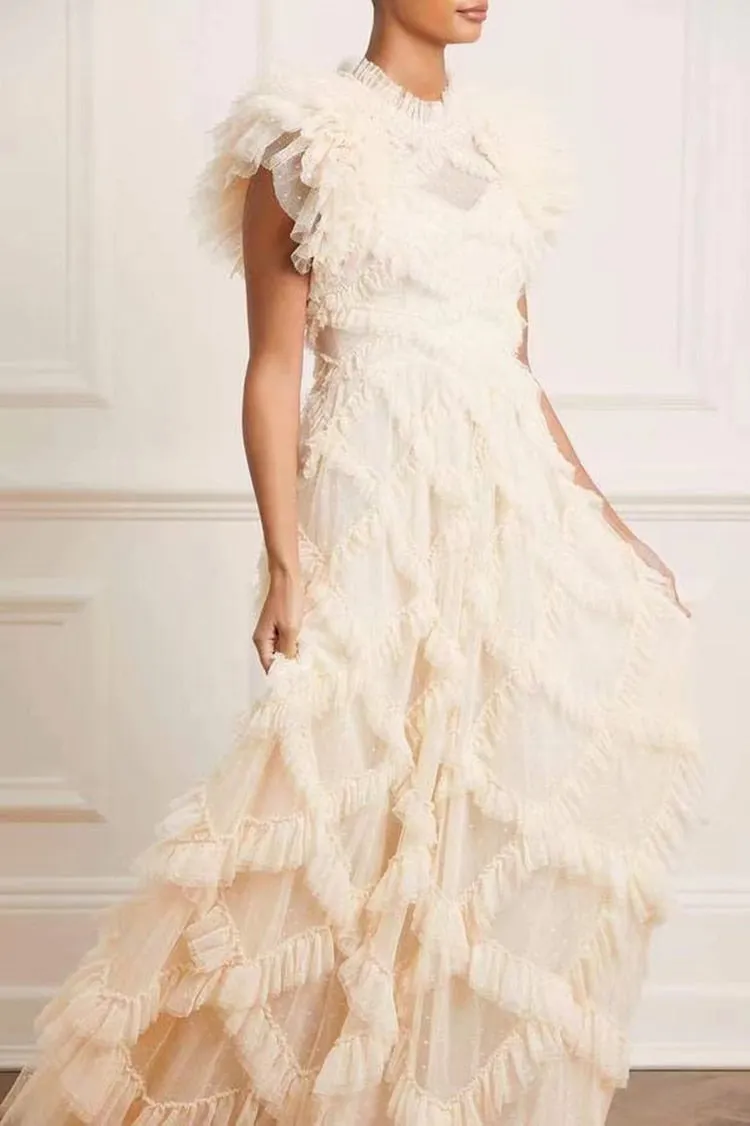 Butterfly Sleeve  Mesh Floral Printed 3D Appliques Ruffles Long Dress