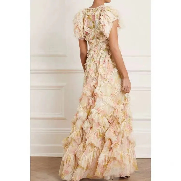 Butterfly Sleeve  Mesh Floral Printed 3D Appliques Ruffles Long Dress