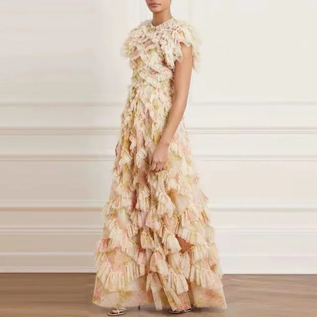 Butterfly Sleeve  Mesh Floral Printed 3D Appliques Ruffles Long Dress