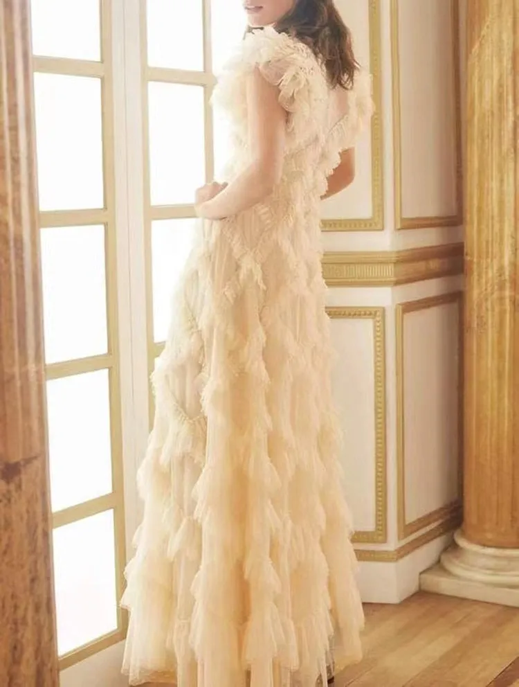 Butterfly Sleeve  Mesh Floral Printed 3D Appliques Ruffles Long Dress