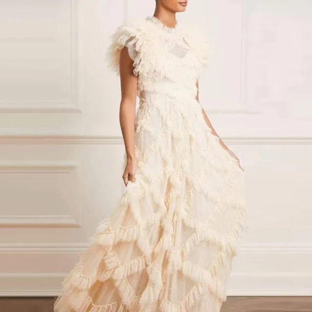 Butterfly Sleeve  Mesh Floral Printed 3D Appliques Ruffles Long Dress
