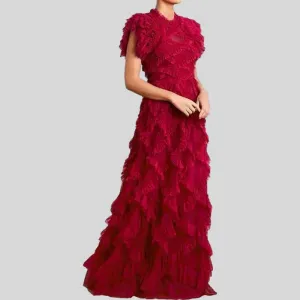 Butterfly Sleeve  Mesh Floral Printed 3D Appliques Ruffles Long Dress