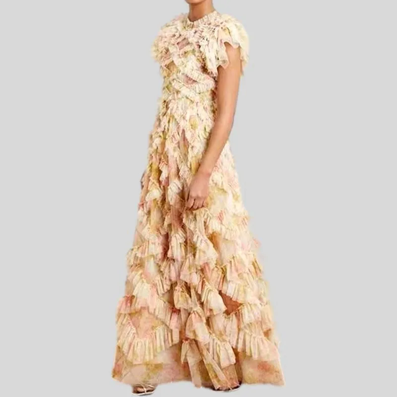Butterfly Sleeve  Mesh Floral Printed 3D Appliques Ruffles Long Dress
