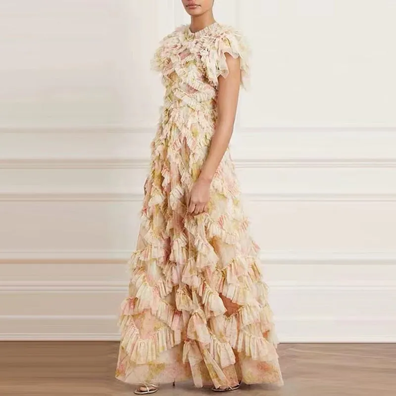Butterfly Sleeve  Mesh Floral Printed 3D Appliques Ruffles Long Dress