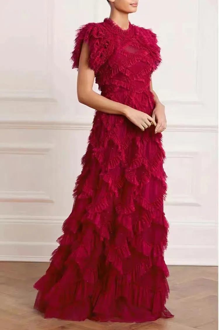 Butterfly Sleeve  Mesh Floral Printed 3D Appliques Ruffles Long Dress
