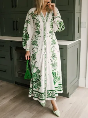 Button Up Printed Long Sleeve Maxi Dress