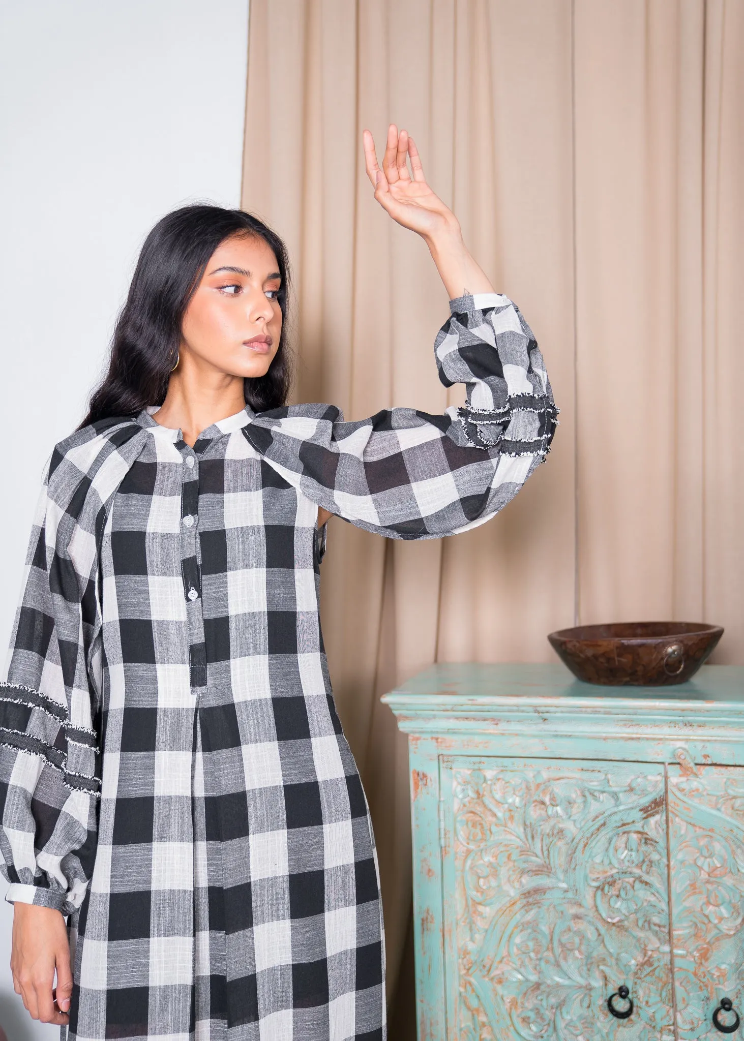 CHECKED PRINTED FRONT BUTTON SACKCLOTH KAFTAN 2314 - قفطان
