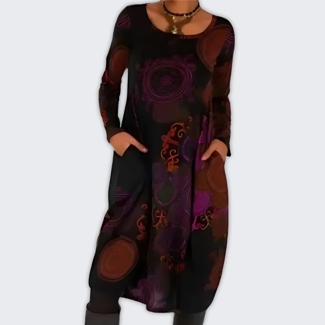 Chic Bohemian Winter Dress with Long Sleeves & Pockets