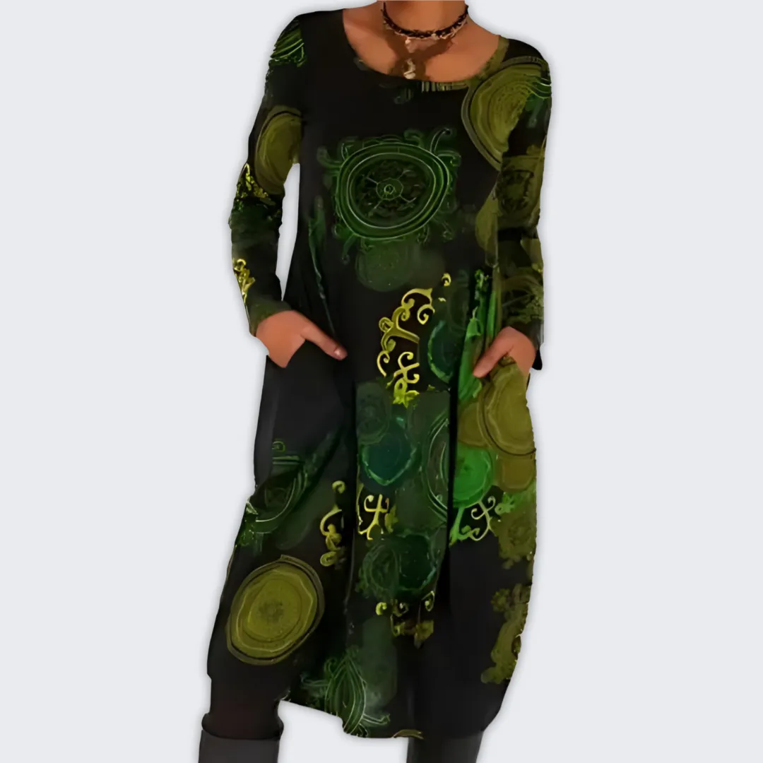 Chic Bohemian Winter Dress with Long Sleeves & Pockets