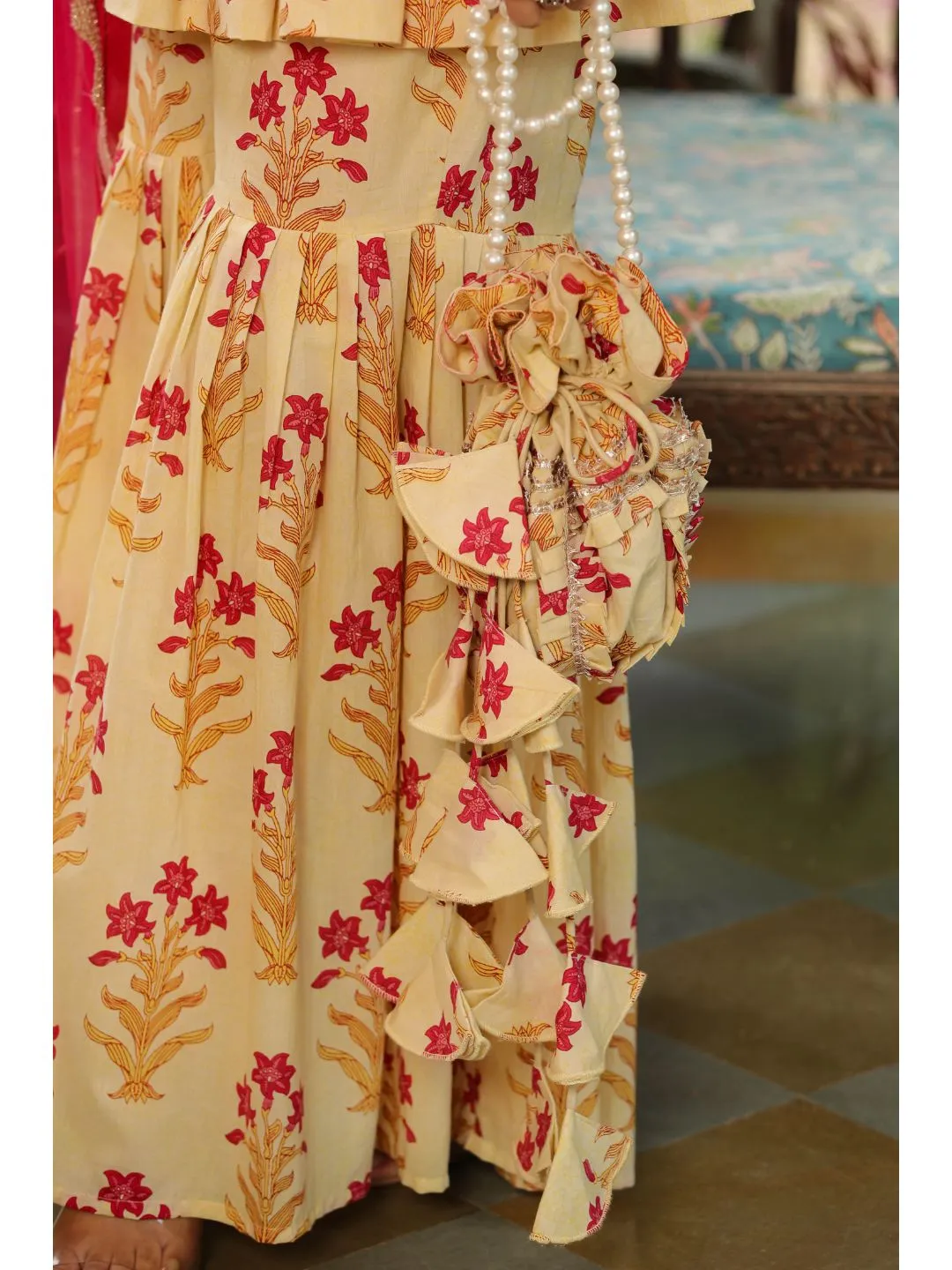 Creambell Cream & Red Printed Sharara Set
