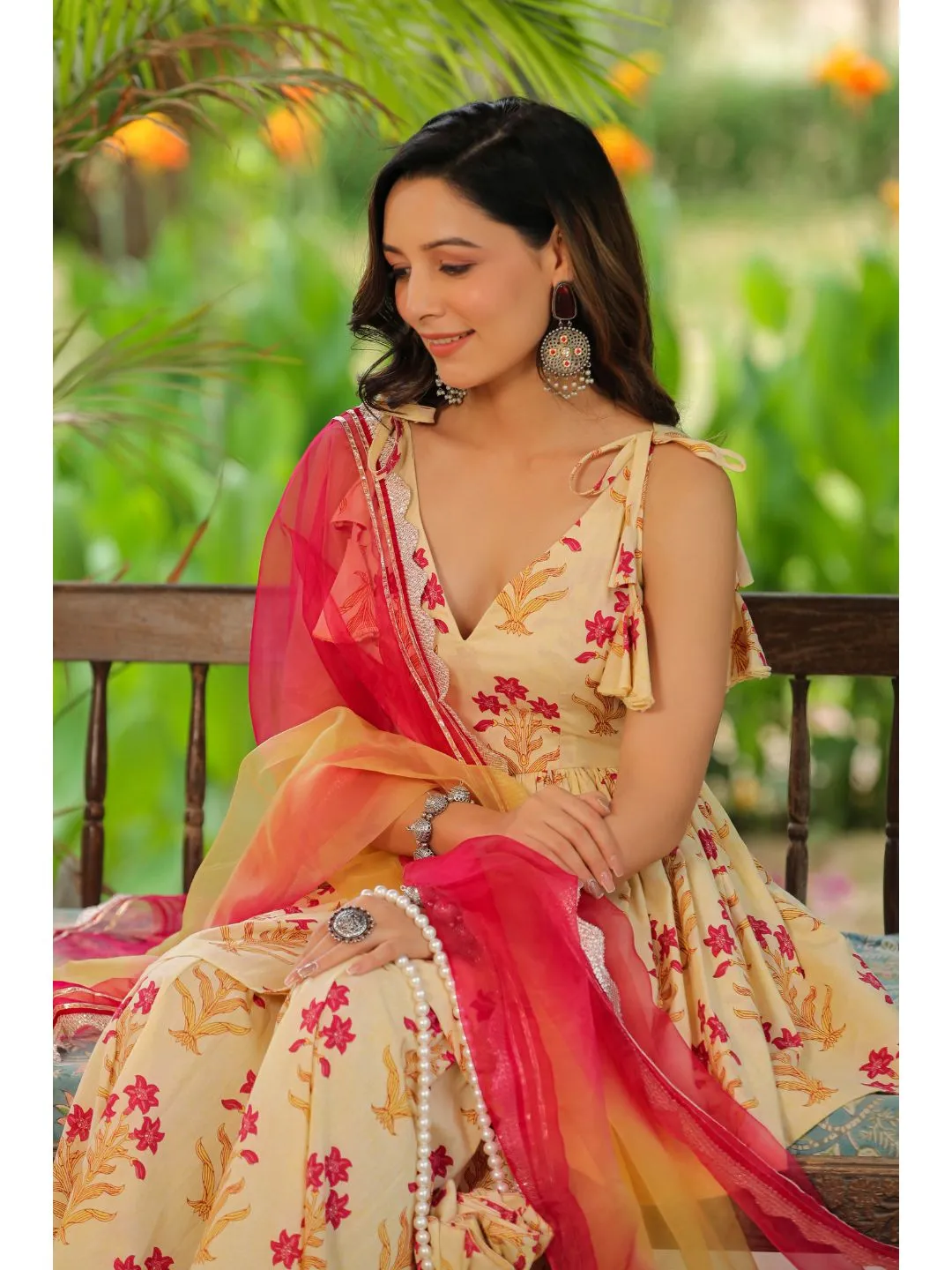 Creambell Cream & Red Printed Sharara Set