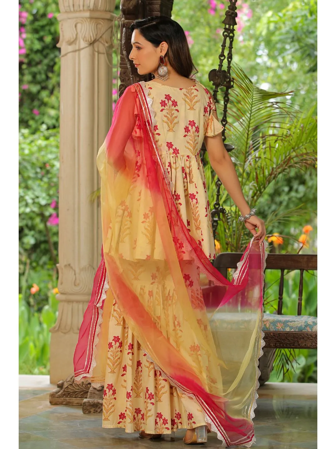 Creambell Cream & Red Printed Sharara Set