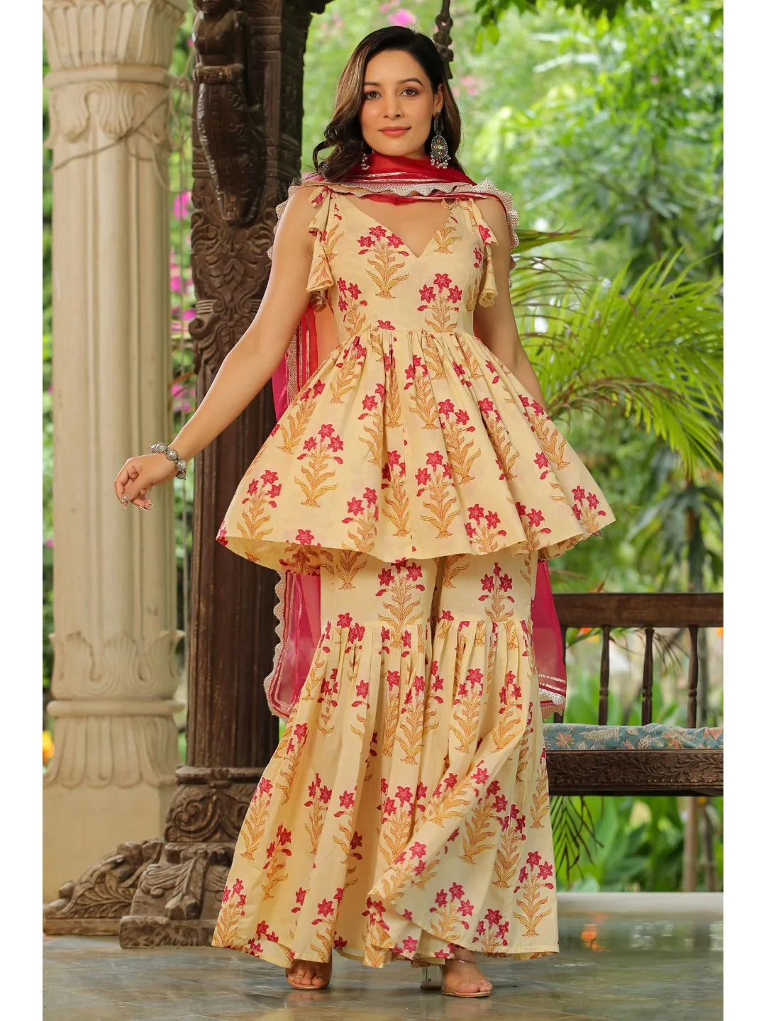 Creambell Cream & Red Printed Sharara Set