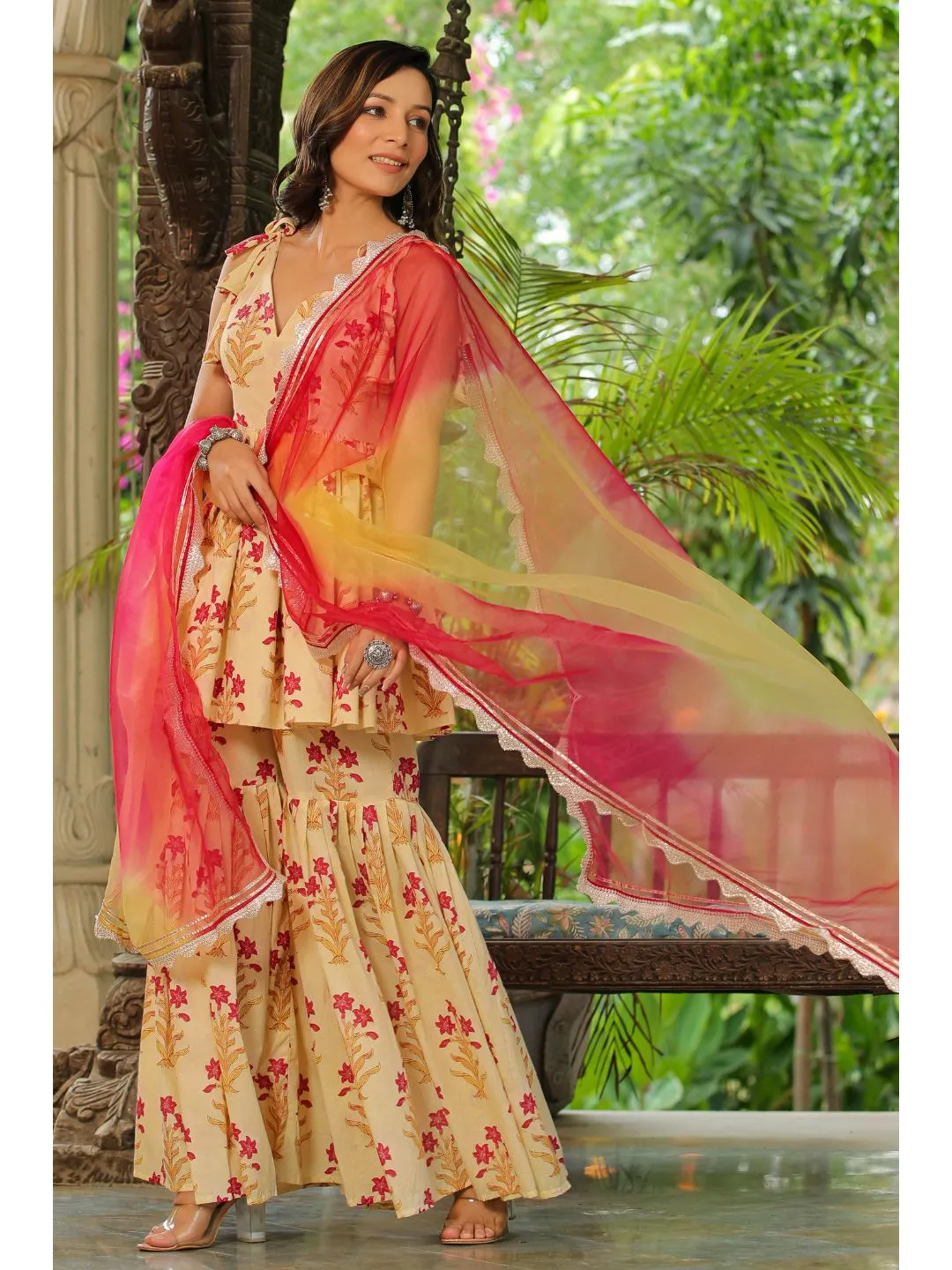 Creambell Cream & Red Printed Sharara Set
