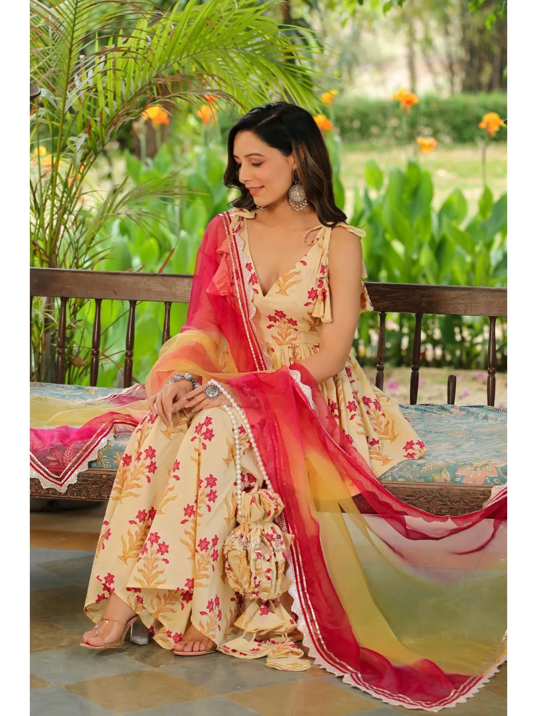 Creambell Cream & Red Printed Sharara Set