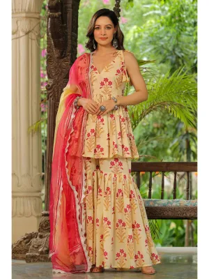 Creambell Cream & Red Printed Sharara Set