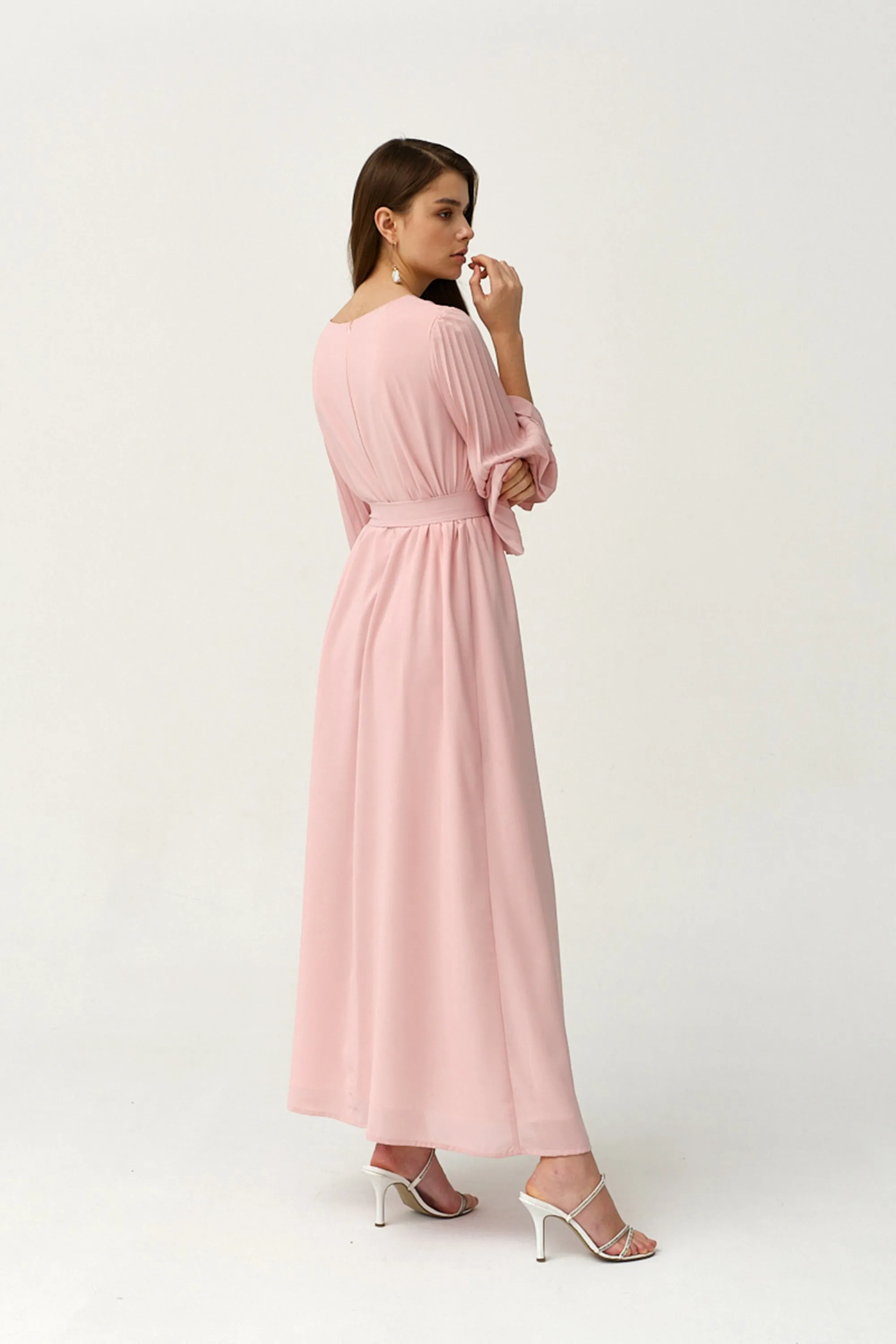 Crepe Light Pink Pleated Sleeves Tie-waist Kaftan - NW-NO.3