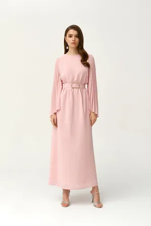 Crepe Light Pink Pleated Sleeves Tie-waist Kaftan - NW-NO.3