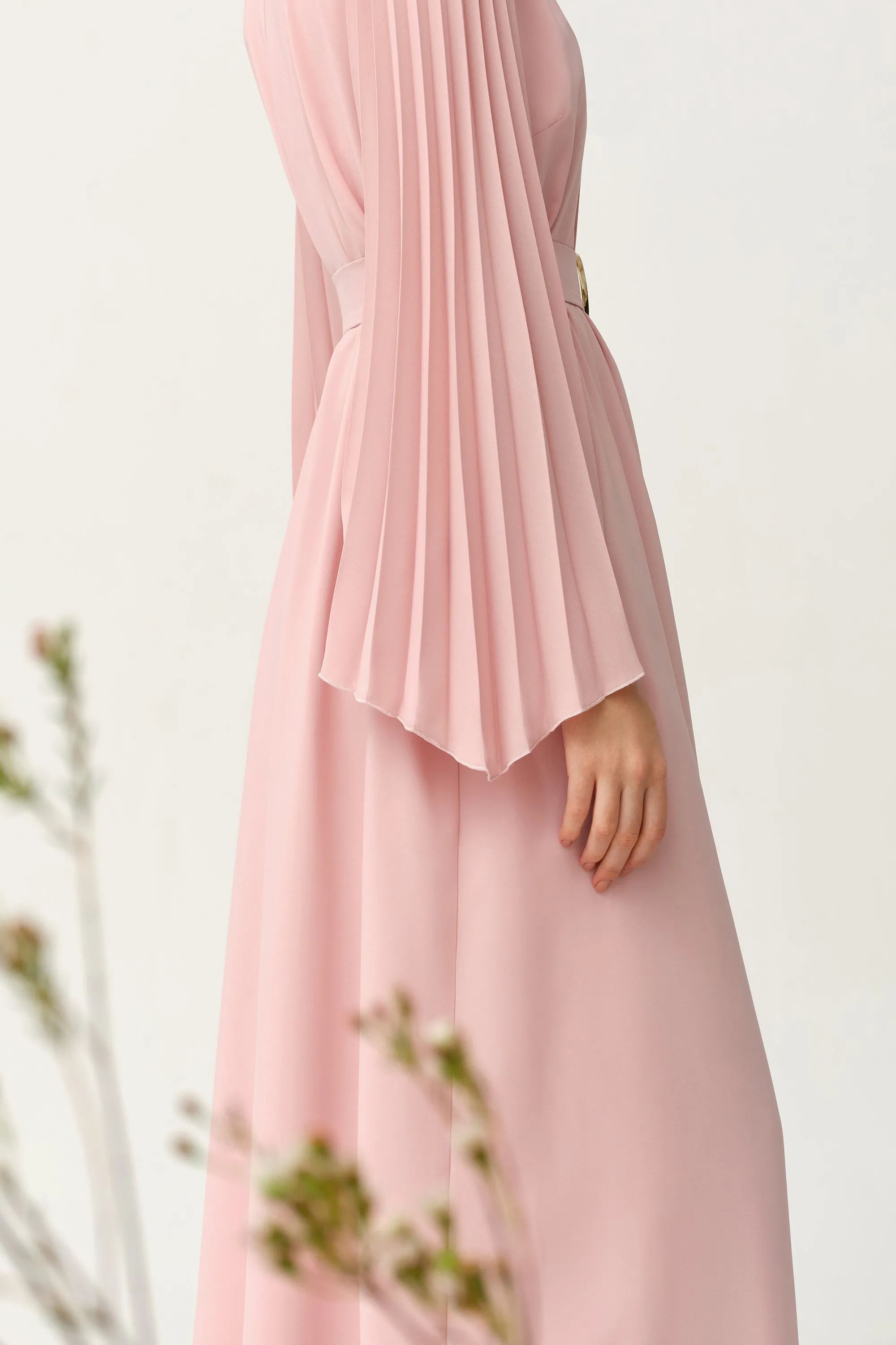 Crepe Light Pink Pleated Sleeves Tie-waist Kaftan - NW-NO.3