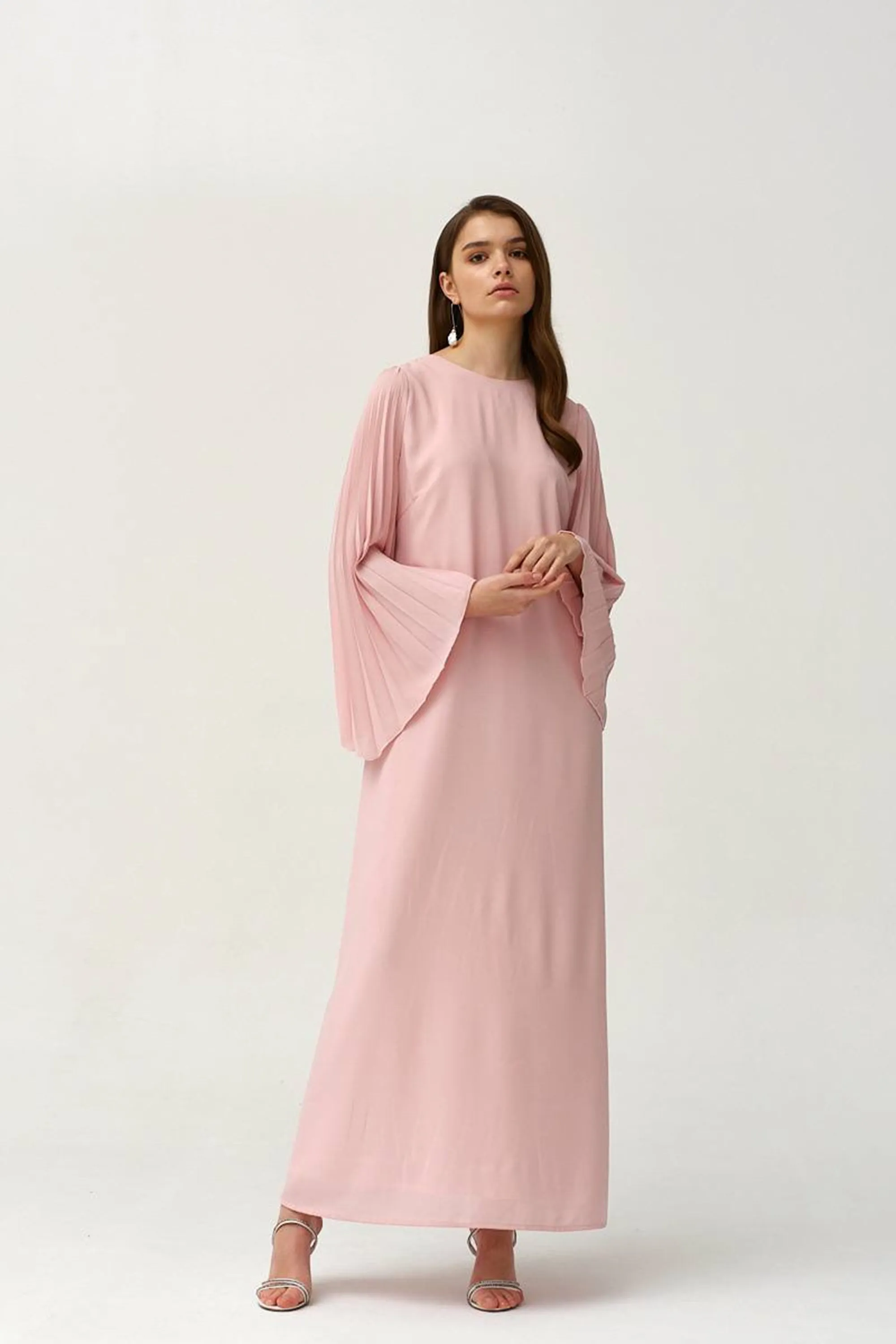Crepe Light Pink Pleated Sleeves Tie-waist Kaftan - NW-NO.3