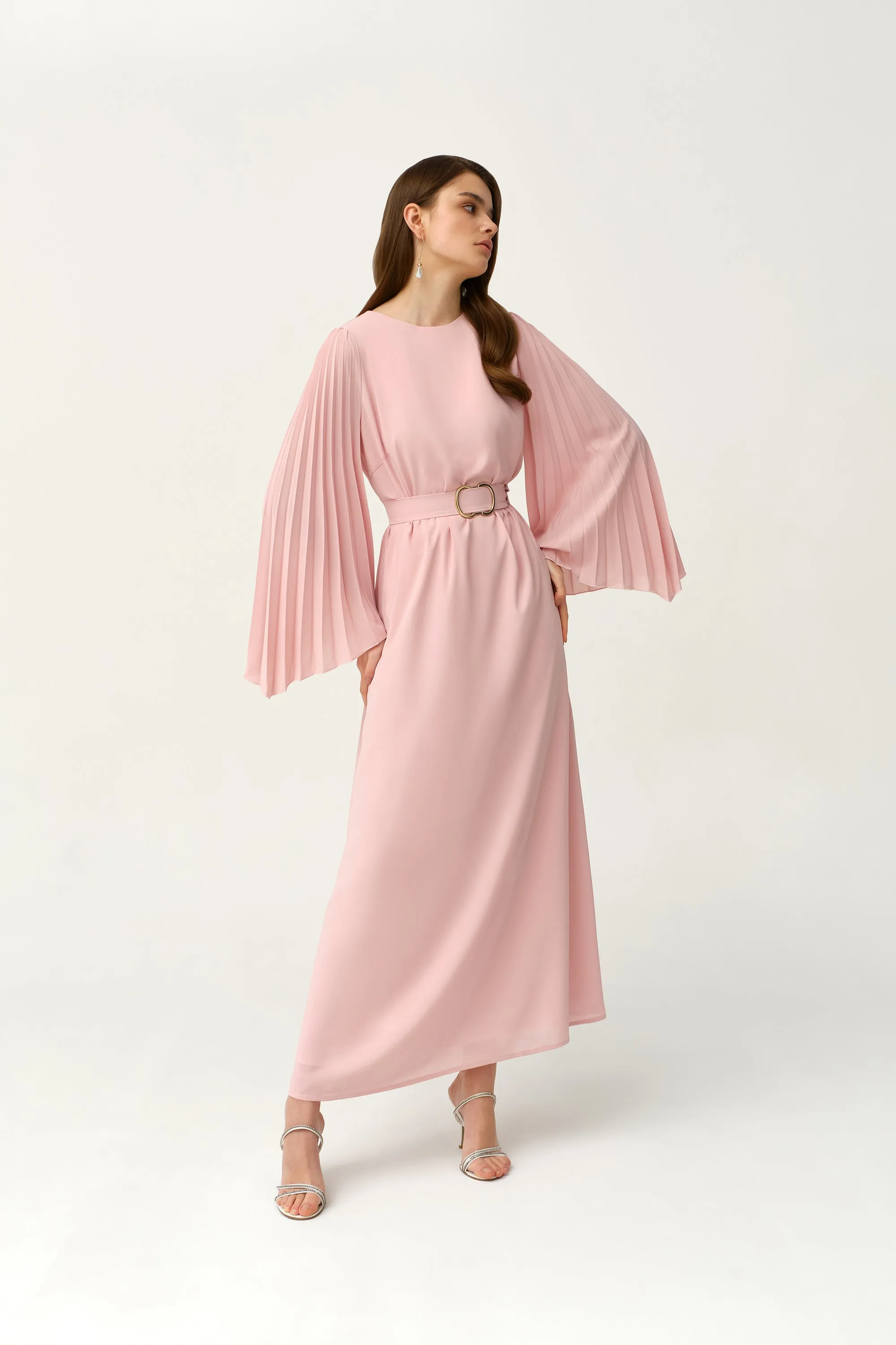 Crepe Light Pink Pleated Sleeves Tie-waist Kaftan - NW-NO.3