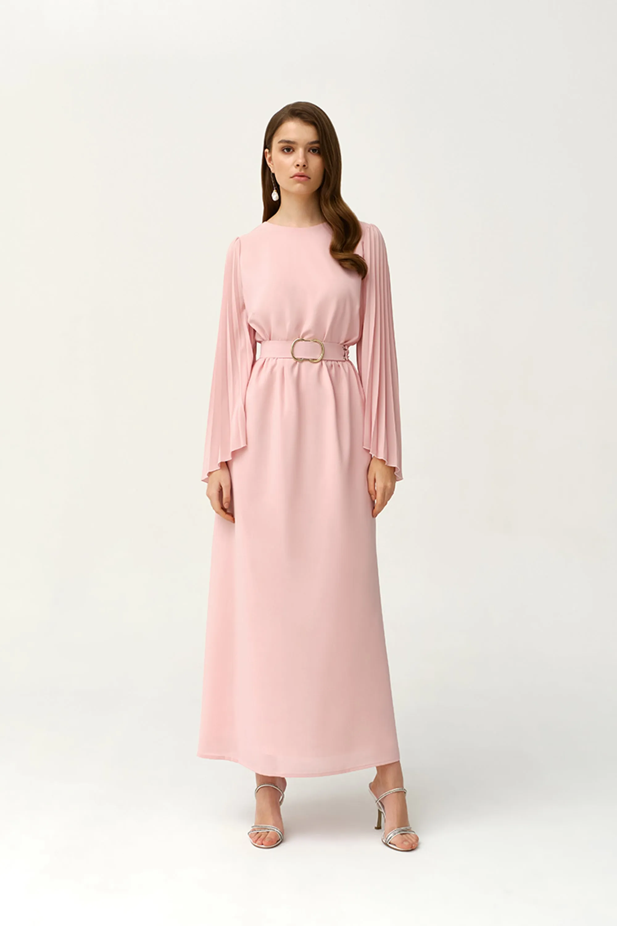 Crepe Light Pink Pleated Sleeves Tie-waist Kaftan - NW-NO.3