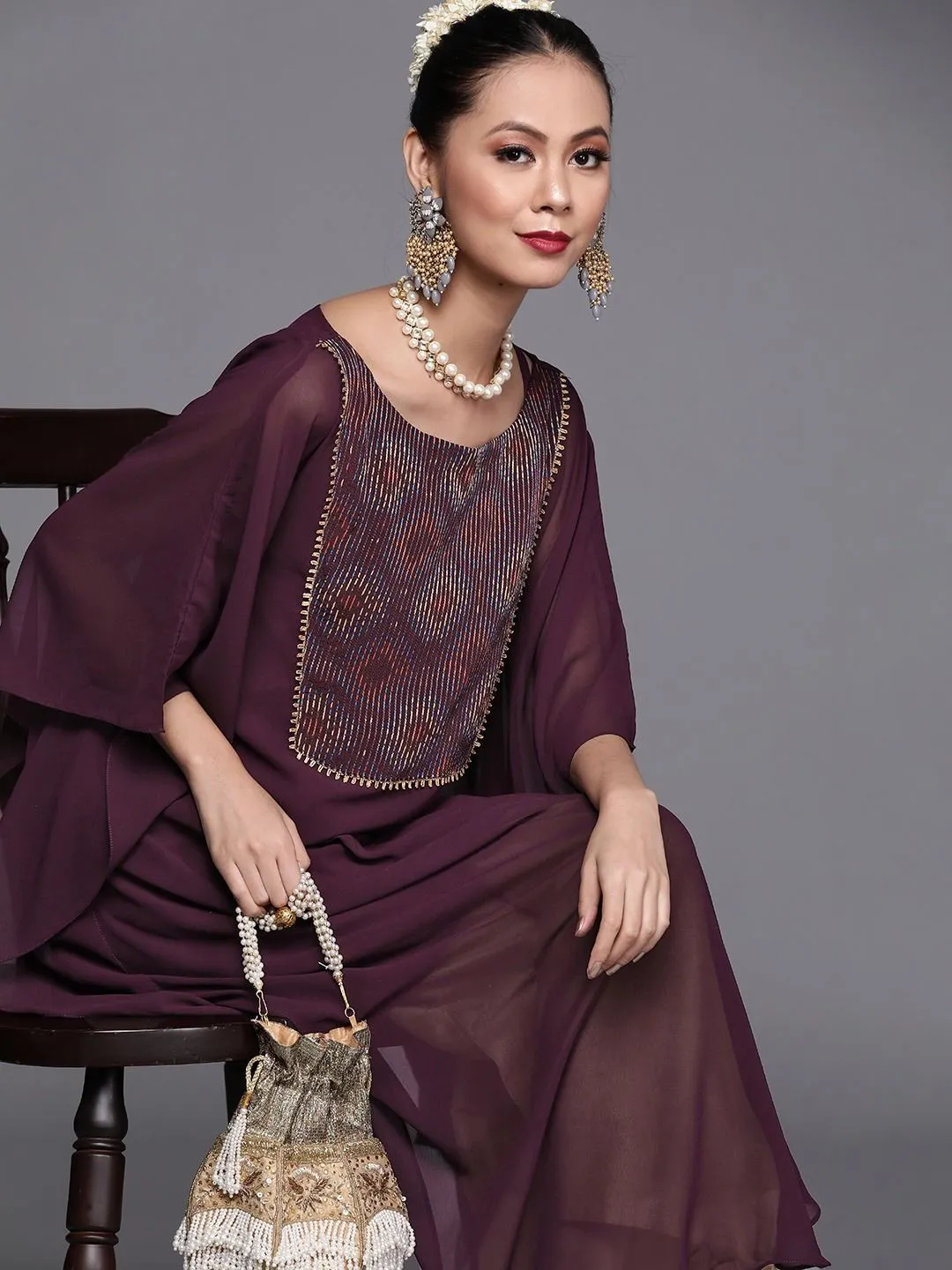 Deep Wine Embroidered Kaftan Kurta