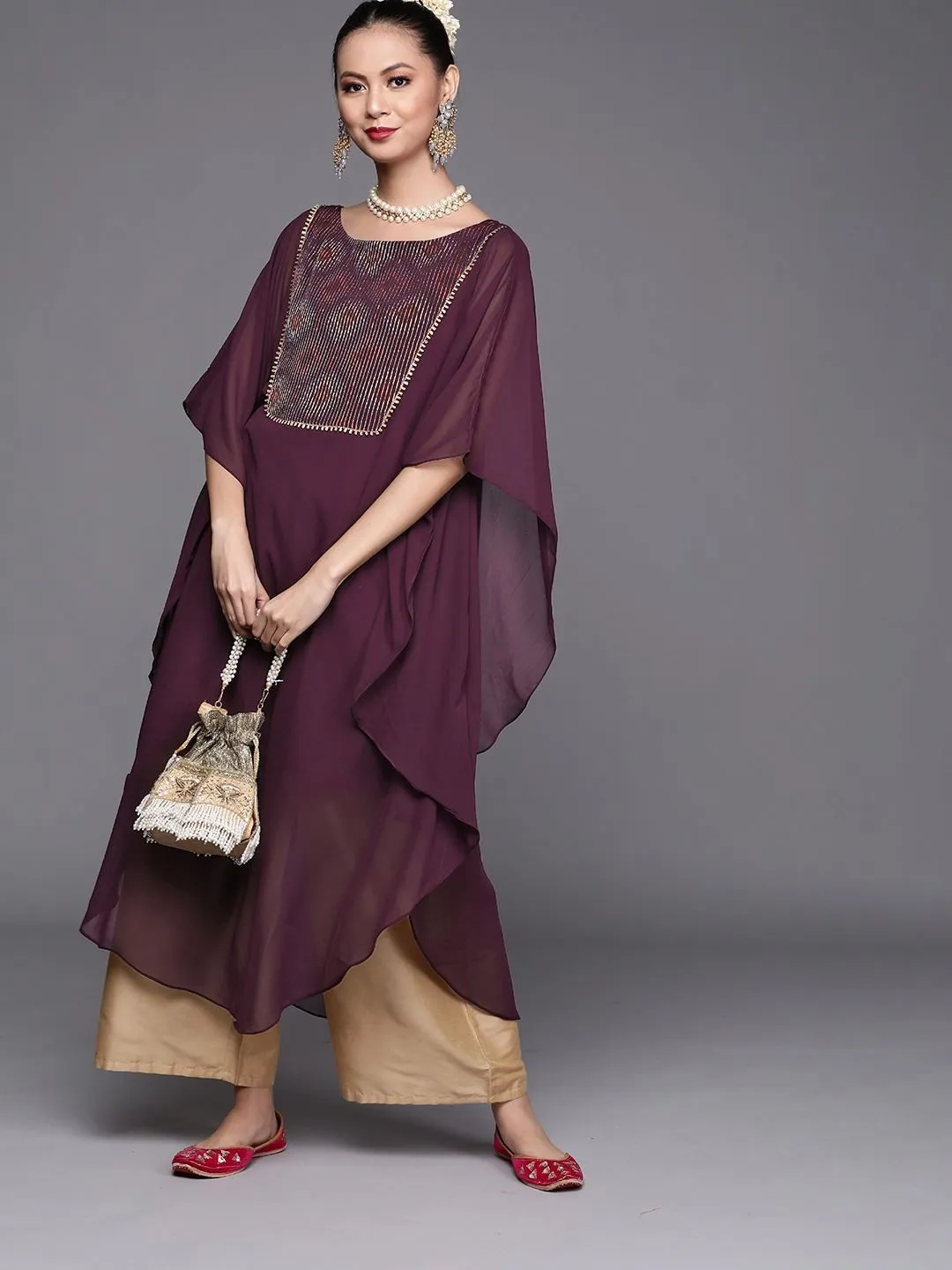 Deep Wine Embroidered Kaftan Kurta