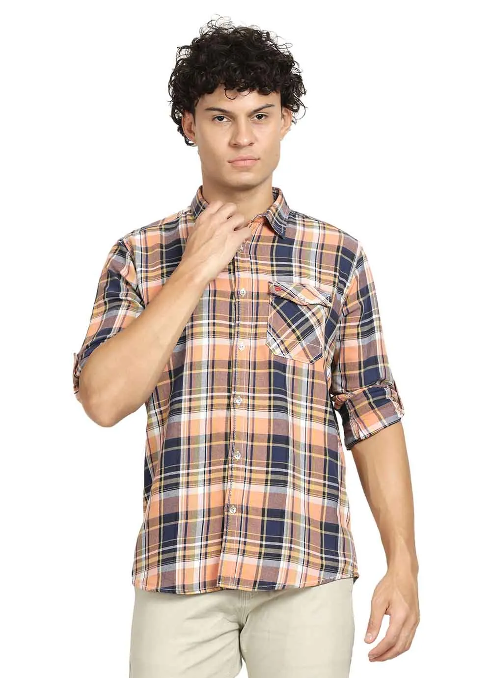 Derby Orange  Slim Fit Indigo Checked Shirt