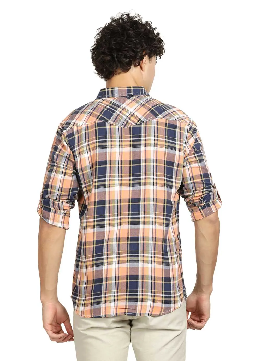 Derby Orange  Slim Fit Indigo Checked Shirt