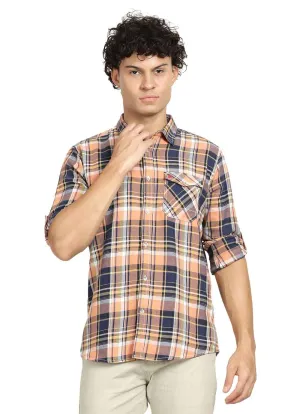 Derby Orange  Slim Fit Indigo Checked Shirt