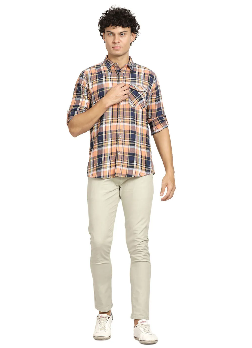 Derby Orange  Slim Fit Indigo Checked Shirt