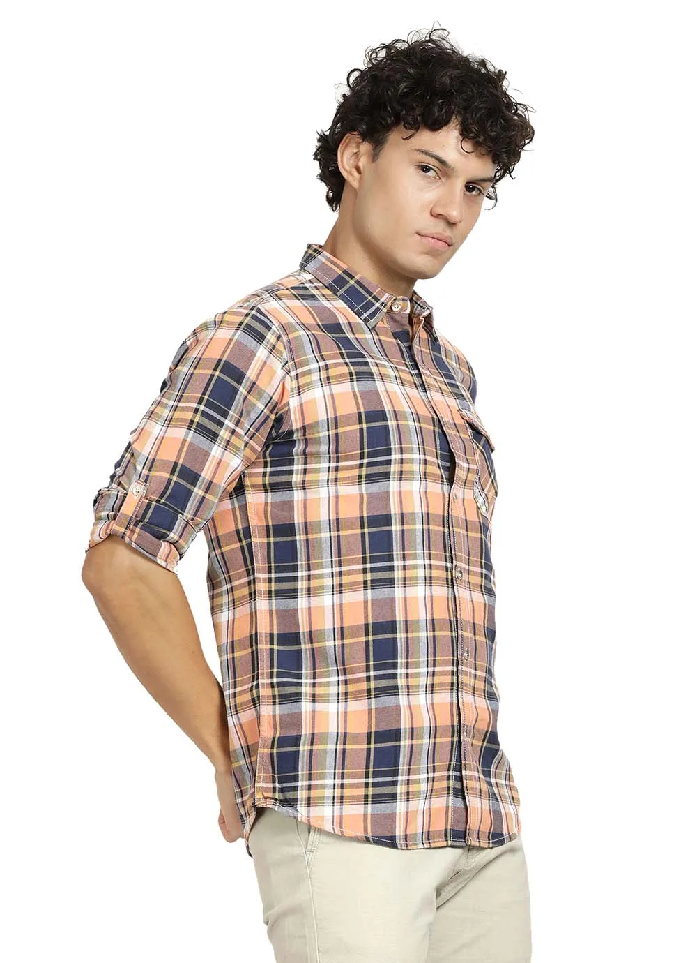 Derby Orange  Slim Fit Indigo Checked Shirt