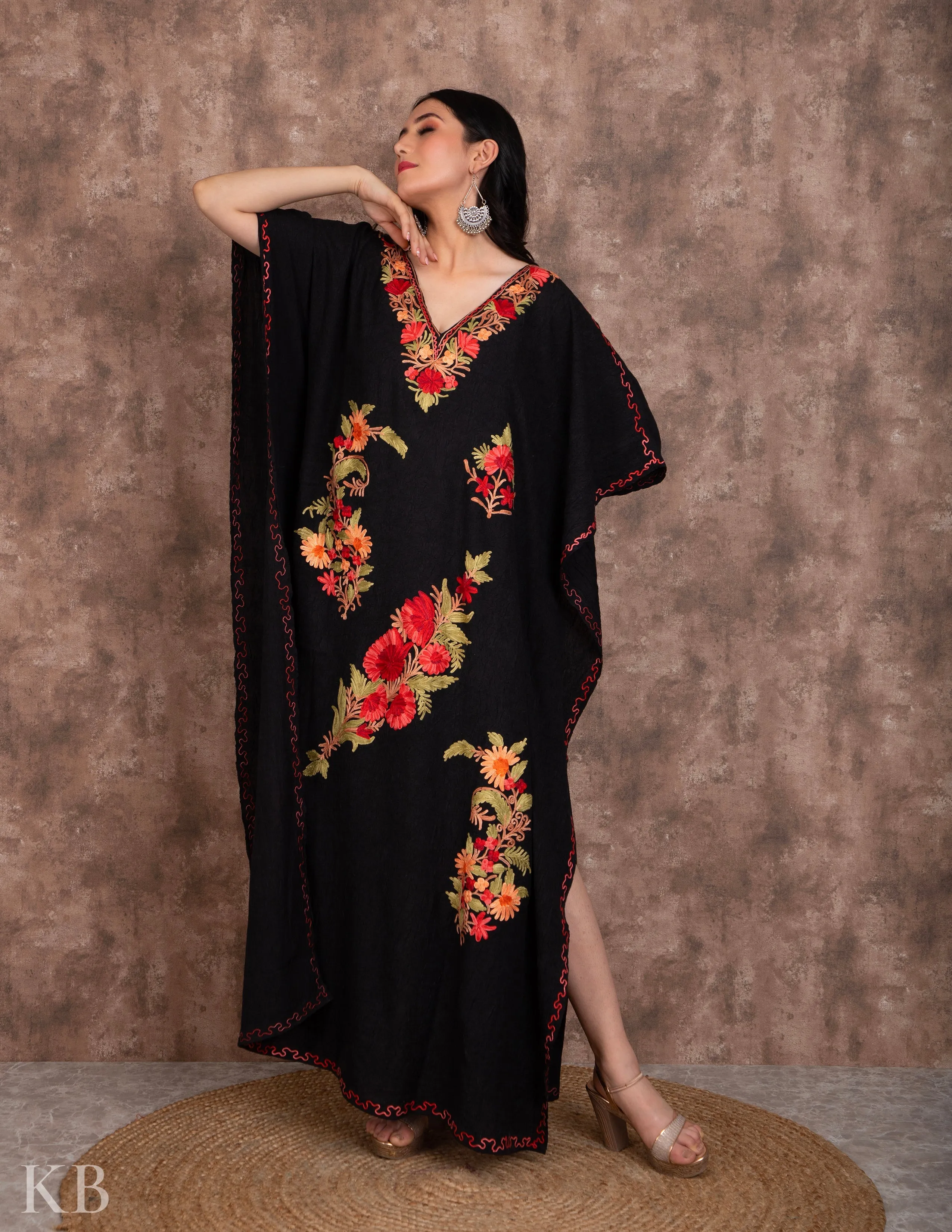 Elegant Black Aari Work Summer Cotton Kaftan