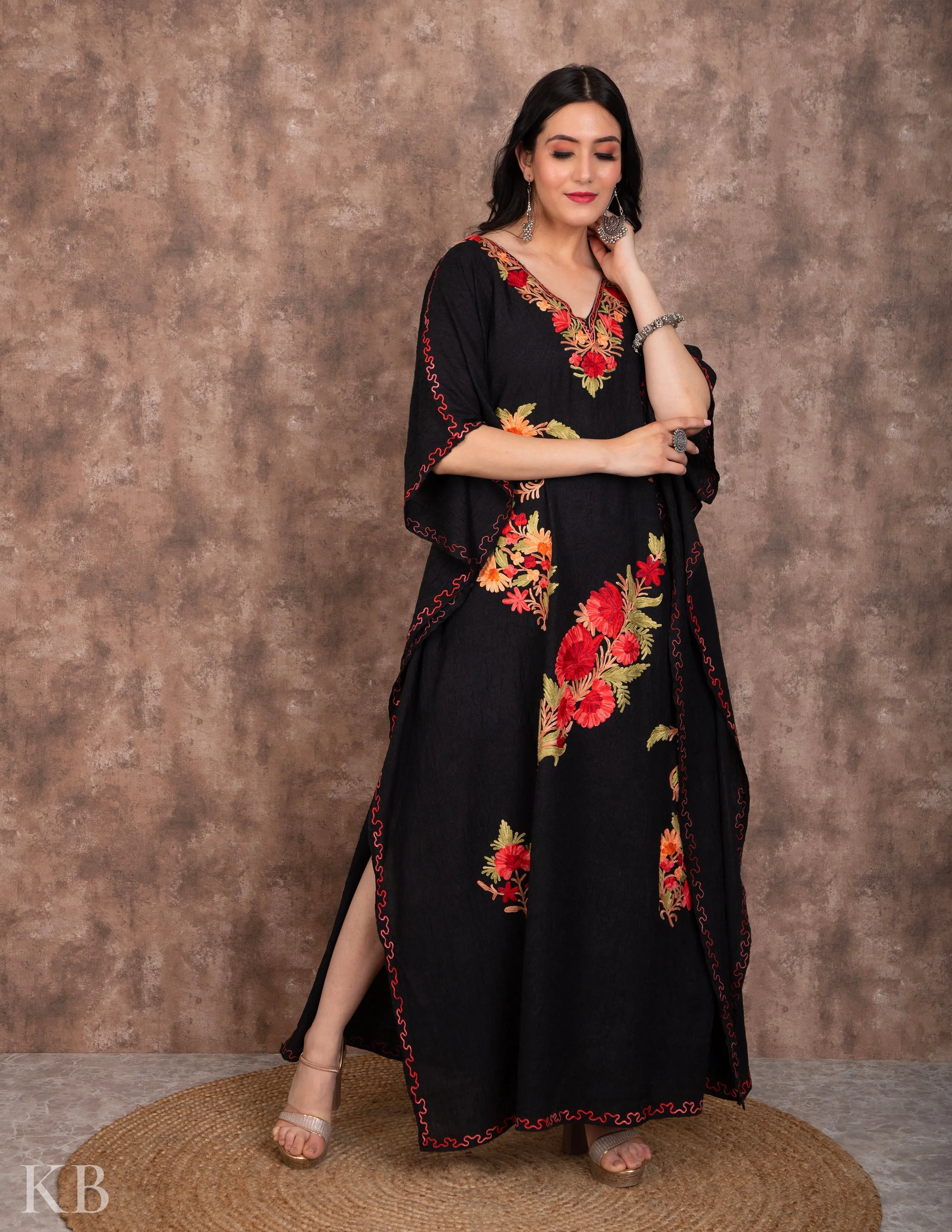 Elegant Black Aari Work Summer Cotton Kaftan